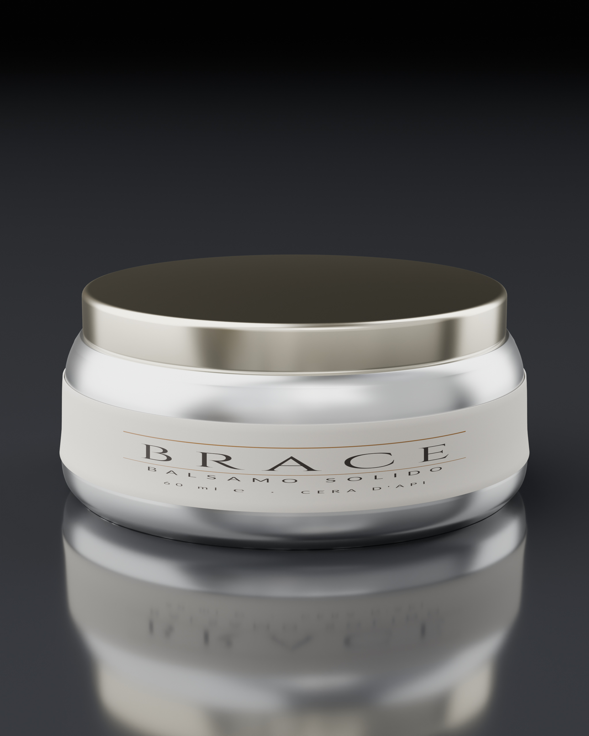 BRACE, three-quarter view: a metal balm tin with a rolled edge and a printed band, on a dark reflective surface