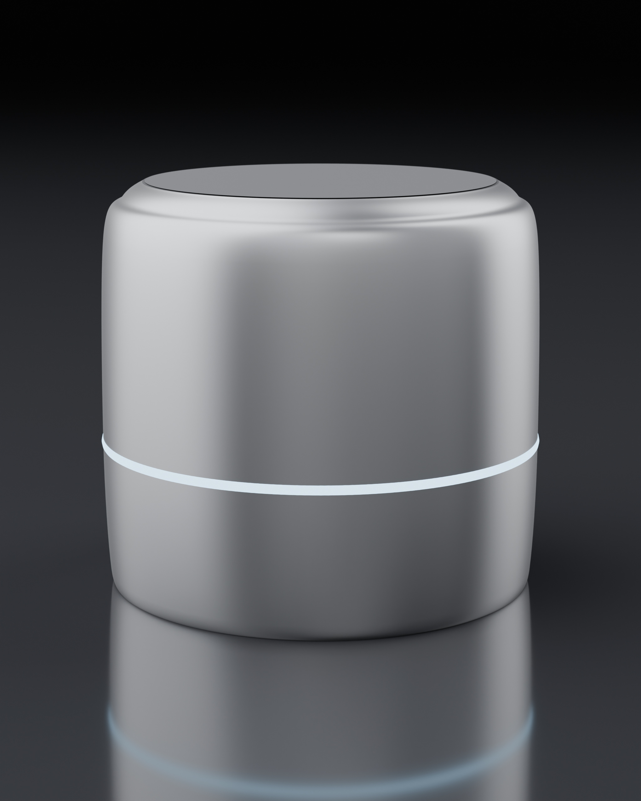 QUIETE, three-quarter view: an anodised aluminium speaker with a fabric top and a lit status ring