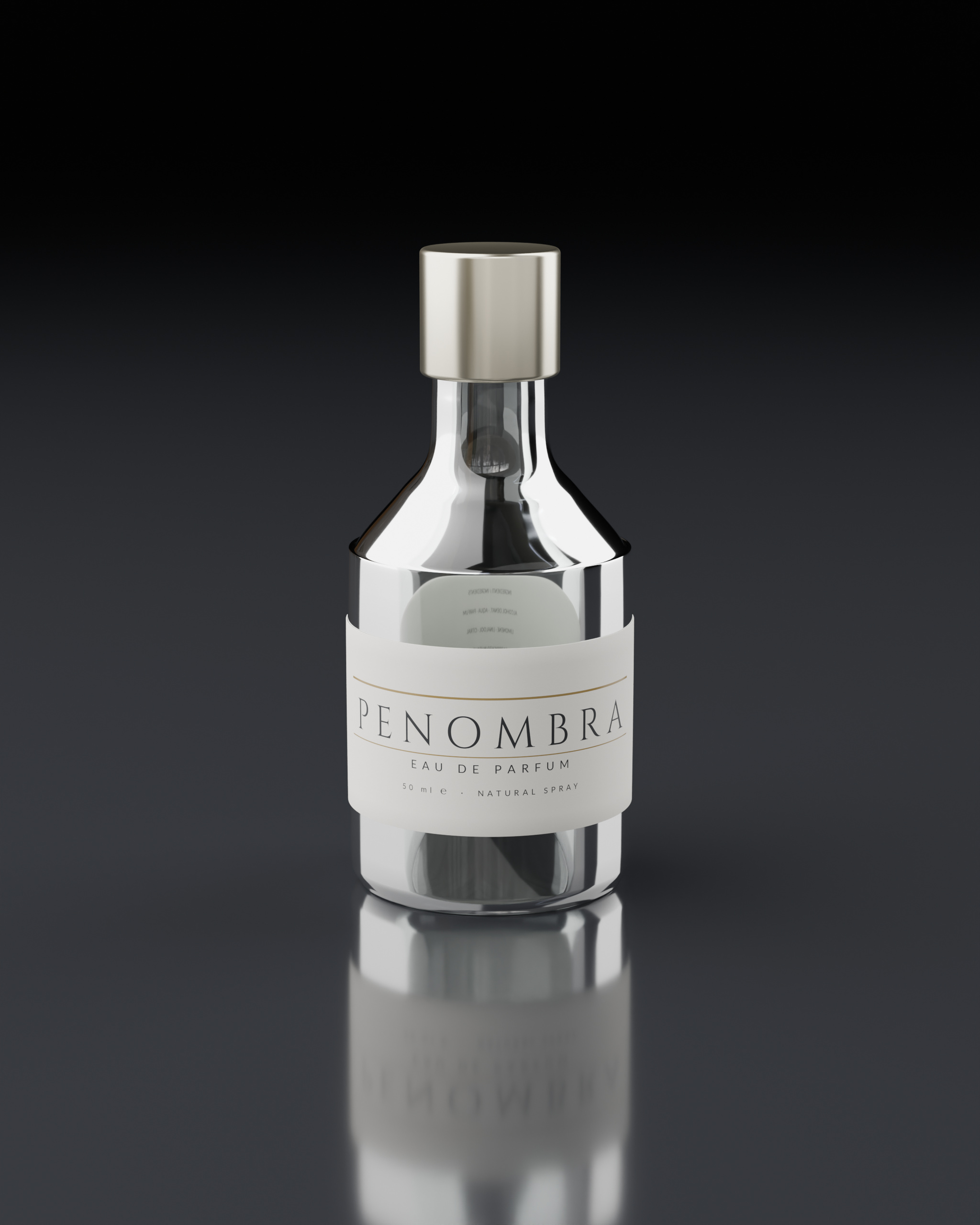 PENOMBRA, three-quarter view: the bottle emerges from a dark set, lit by two soft panels