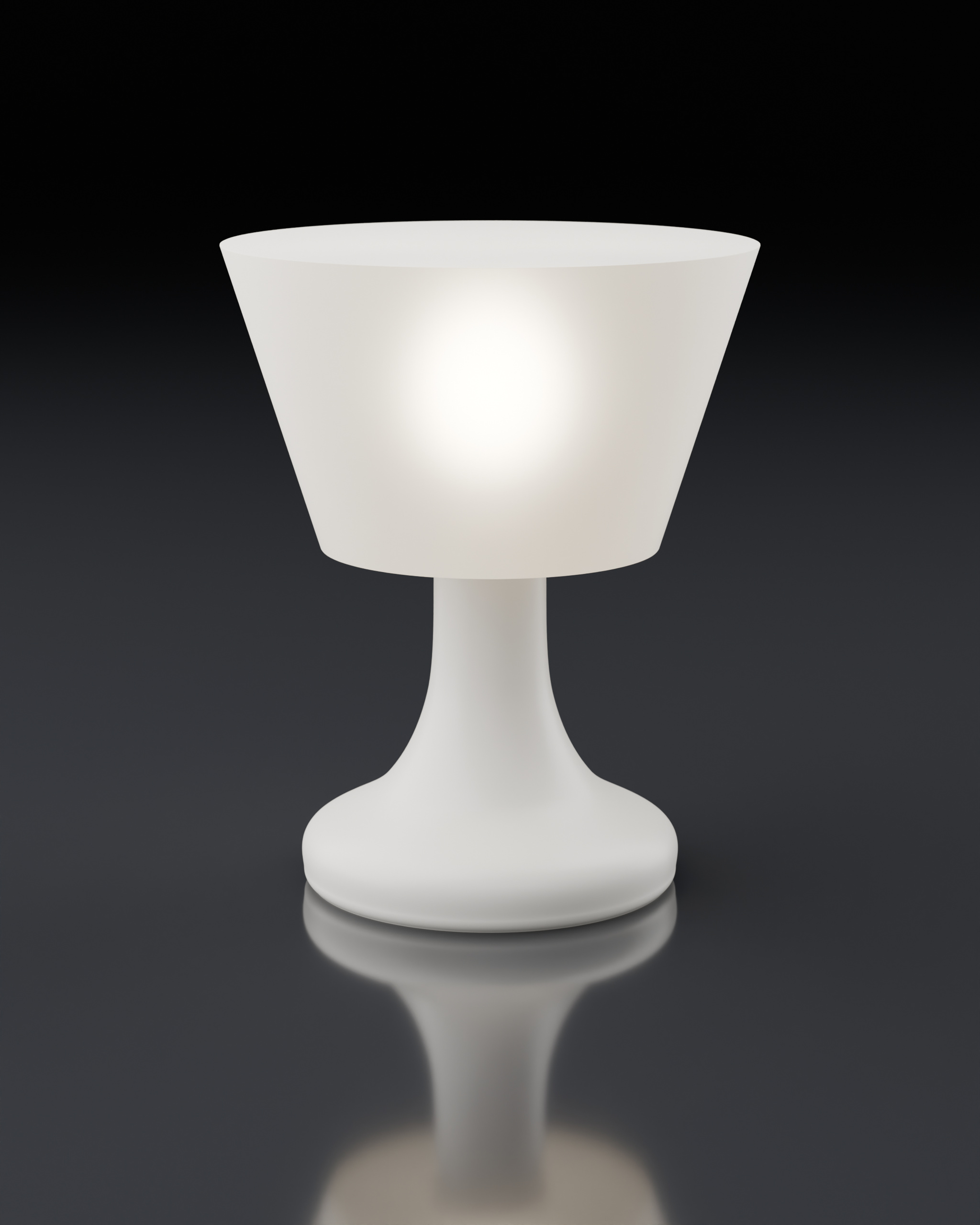 VEGLIA, three-quarter view: a lit table lamp with a translucent paper shade and a glazed base