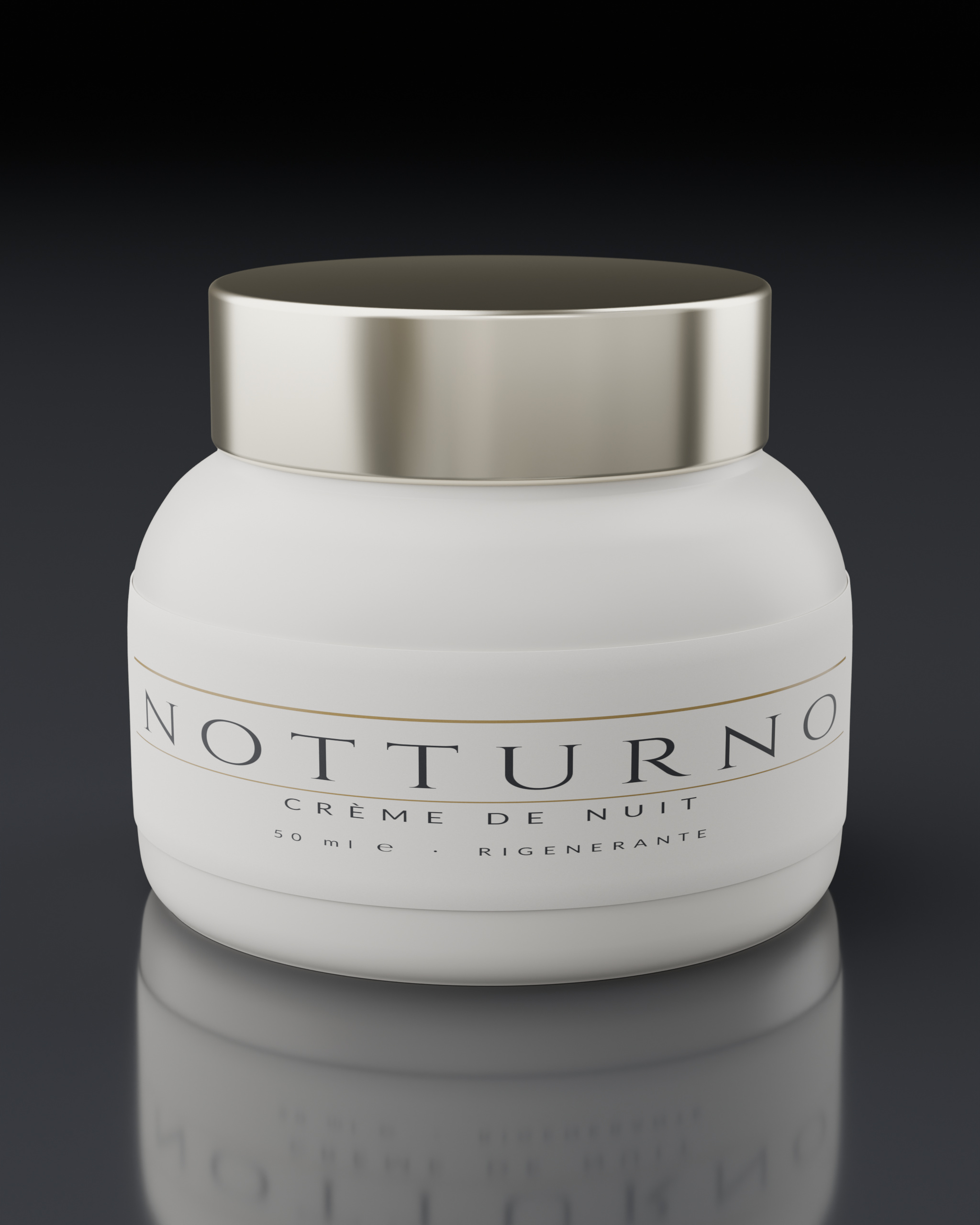 NOTTURNO, three-quarter view: a matte ceramic jar with a metal lid on a dark reflective surface