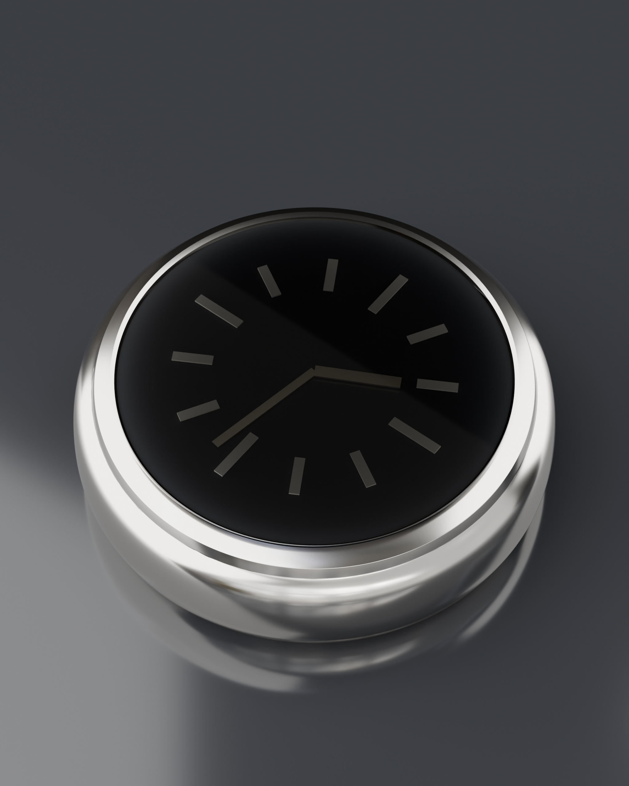 MERIDIANA, three-quarter view: a polished steel watch case with a black dial, on a dark reflective surface